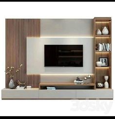 modern living room with white and wood furniture, large flat screen tv mounted on the wall