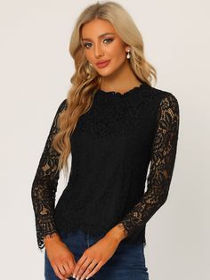 Shop Allegra K for lace long sleeve ruffle stand neck floral blouse you are looking for, get more women's blouses for yourelf. Order now! Free Returns! Womens Lace Tops, Stand Neck, Black Floral Blouse, Lace Top Long Sleeve, Women's Blouses, Lace Long Sleeve, Night Looks, Blouse Black, Office Outfits