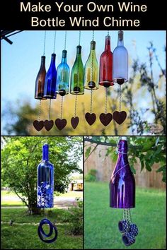 wine bottle wind chime with hearts hanging from it's sides and the words make your own wine bottle wind chime