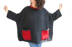 This sweater is hand knitted with high quality, thin and anti allergic wool & angora blended yarn. It has 2 pockets. Photos show dark gray / anthracite main color and red color pockets. I can knit in different colors. If you prefer different colors please contact with me. It is light weight, warm and cozy. Plus size, over size. Long sleeves. Any question, just convo. -----------------Made in a pet-free and smoke-free environment.----------------- -----------------All hand crocheted and hand Knitting Kids Sweaters, Hand Knit Poncho, Plus Size Jumpers, Hand Knitted Jumpers, Hand Knit Sweater, Woman Sweater, Plus Size Sweater, Plus Size Pullover, Loose Fit Sweater