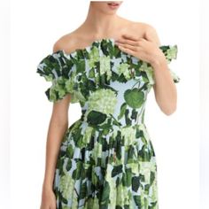 New In Package, Sunfere- Bess Printed Ruffle Off The Shoulder Tiered Maxi Dress. New, Size L. Absolutely Gorgeous Dress And So Flattering! Green Outfits, Ruffle Trim Dress, Elegant Attire, Modesty Fashion, Printed Summer Dresses, Maxi Dress Sale, Floral Print Maxi Dress, Floral Print Maxi, Maxi Dress Cotton