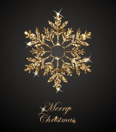 a gold snowflake with merry christmas written on it and sparkles in the middle