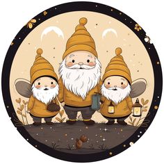 three gnomes are standing next to each other in front of a round frame with an image of two bees on it