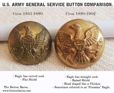 two gold colored buttons with eagle emblems on each one and the other side is labeled u s army general service button comparison