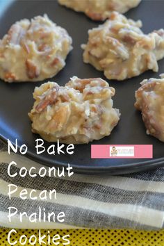 no bake coconut pecan pralie cookies on a black plate with yellow and white towel