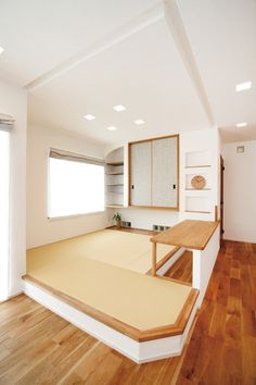 an empty room with wooden floors and white walls