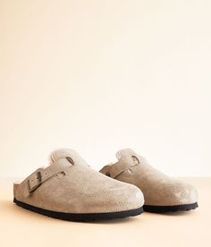 Birkenstock® Boston Suede Shearling Clog - Grey US 5, Women's Taupesandcastle Suede slip-on fur lined shoe Anatomically shaped cork-latex footbed Adjustable buckle strap. Due to the nature of leather/suede, small variances of color in the skin may occur, this is in no way considered a defect. These are inherent characteristics of leather/suede and will enhance the individual look of your garment.. Leather upper/lining & sock. Sole: other. Real fur from Lamb. Fur Origin: Spain New Zealand Germany or Austrailia.  Apparel & Accessories Birkenstock Boston Suede, Birkenstock Boston, Women's Activewear, Womens Clogs, Real Fur, No Way, Birkenstock, Clogs, Apparel Accessories