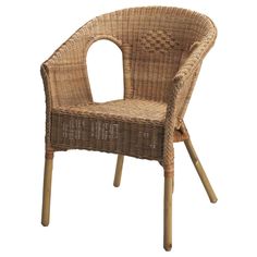 a wicker chair with wooden legs and an armrest on the back, against a white background