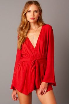 What If Red Long Sleeve Wrap Romper Party Top With Tie Waist And V-neck, Party V-neck Top With Tie Waist, V-neck Top With Tie Waist For Party, Summer Party V-neck Wrap Top, Fall V-neck Wrap Top With Tie Waist, Spring V-neck Wrap Top In Solid Color, Flirty Solid V-neck Top, Flirty Solid Color V-neck Top, Summer V-neck Wrap Top For Night Out