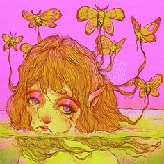 a drawing of a girl with her head in the water and butterflies flying above her