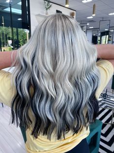 Icy Blonde With Black Highlights, Blonde Hair Color Underneath Ideas, Icy Blonde With Brown Underneath, Platinum On Black Hair, Platinum On Top Dark Underneath, Silver And Black Hair Highlights, Blonde With Dark Brown Peekaboos, Blonde Dark Brown Hair