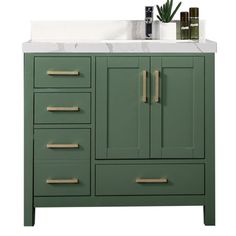 a bathroom vanity with two drawers and a marble top on the bottom, in front of a white background