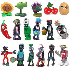 many different toy figurines are shown together