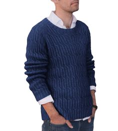 FABULOUS cabled sweater vintage knitting pattern for men. Classic navy blue with round neck. Sizes S, M, L. DK yarn knitted with 4 mm needles. Gauge / 22 stitches and 30 rows to make a 4 inch square. Easy to follow instructions in English for intermediate knitters. Remember that this is a vintage pattern and the materials of that time may not be available but you can find substitutes in google. THIS IS A DIGITAL DOWNLOAD After the payment is done you will get a link to an INSTANT DOWNLOAD  with a PDF file that includes the pattern, a list of the materials needed, and an email with a link to your download page. You will need a PDF reader to view and print your pattern if you don't have the program Adobe Reader is great and you can download it for free in the web. Once payment has been made Pull Bleu Marine, Navy Blue Sweater, Vintage Knitting Patterns, Motif Vintage, Dk Yarn, Vintage Knitting, Blue Sweaters, Vintage Pattern, Knitted Pullover