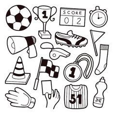 a black and white drawing of various sports related items, including shoes, gloves, water bottle, soccer ball, number one