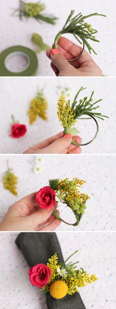 the process to make a flower crown with fake flowers