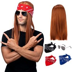 a man with long red hair and bandana around his neck wearing sunglasses, making the peace sign