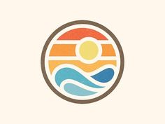 the logo for an ocean resort with waves, sun and mountains in it's center