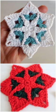 crocheted snowflakes are shown in three different colors and sizes, one is red, the other is white