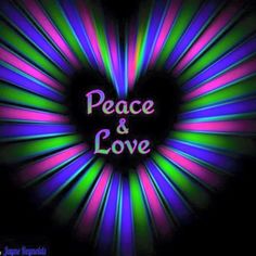 the words peace and love are surrounded by colorful rays in purple, green, and blue