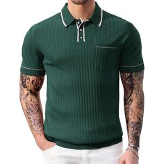 Features: Polo Collar; Button Front; Short Sleeve; Conrast Tipping To Collar, Placket, Cuffs And Hem; Ribbed Knit; Stretchy & Soft; Chest Pocket; Vintage Polo; Pullover Style Breathable & Lightweight: Mens Vintage Polo Shirt Has A Lightweight Knit, Making It A Breathable Option. It Can Directly Touch The Skin, Also The Breathable And Well Elastic Yarns With Cool Feeling, Perfect For Spring Summer Weather Wearing. There Is Also A Pocket, Perfect For Storing Sunglasses. Plus, It's Available In A V Fitted Polo Shirt With Pockets, Fitted Polo Shirt With Buttons For Spring, Green Collared Polo Shirt With Button Closure, Fitted Polo Shirt With Button Closure For Spring, Fall Collared Polo Shirt With Buttons, Fall Collared Polo Shirt, Green Tops With Button Closure And Casual Collar, Classic Polo Shirt With Button Closure And Casual Collar, Fitted Casual Polo Shirt With Buttons