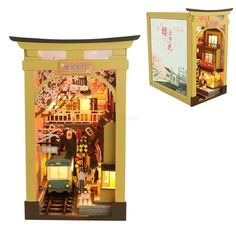 a doll house with furniture and accessories in it's display case, including a train