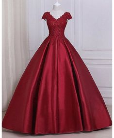 See Through Cap Sleeves Red Lace A line Long Evening Prom Dresses Senior Prom Dress, Robes Vintage, Senior Prom Dresses, Red Ball, Senior Prom, Tulle Prom Dress, Prom Dresses Ball Gown, Gowns With Sleeves, Quinceanera Dresses