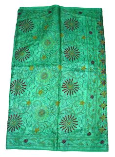 About this item Vintage Indian Indian West Bengal Saree 100% Pure Silk Tie & Dye Sari Kantha What A Beautiful Masterpiece Of A Saree. Base Fabric Is Pure Silk In Turquoise Color With Amazing Tie And Dye Work. All Over Saree Adorned With Floral And Paisley Design With Multi Color Thread Work. Traditional Kantha Work Is The Highlight Of The Saree. Kantha : Kantha Is A Hand Embroidery Style Traditionally Practiced By Rural Womenfolk In State Of West Bengal. Kantha Embroidery Is Recognized By Ru Green Bohemian Saree With Resham Embroidery, Green Embroidered Fabric With Dori Work, Green Bohemian Traditional Wear With Dori Work, Bohemian Green Traditional Wear With Dori Work, Bohemian Green Saree For Festival, Green Bohemian Dupatta With Motifs, Embroidered Green Saree For Festival, Bohemian Green Traditional Wear With Embroidered Border, Bohemian Green Dupatta With Motifs