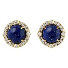 These earrings are crafted from 18-karat gold, 2.9 carats Lapis and .30 carats of sparkling diamonds. See matching ring. The ring is a size 7 and may be resized to larger or smaller upon request. FOLLOW MEGHNA JEWELS storefront to view the latest collection & exclusive pieces. Meghna Jewels is proudly rated as a Top Seller on 1stDibs with 5 star customer reviews. All items manufactured by us are handmade and can be customized or redesigned. Composition Size- 10X10 MM Total Weight-3.731 Gold Weig Luxury Yellow Gold Diamond Earrings With Gemstones, Luxury Yellow Gold Cluster Earrings With Halo Design, Luxury Yellow Gold Cluster Earrings With Gemstones, Luxury Yellow Gold Halo Cluster Earrings, Luxury Formal Cluster Earrings With Single Cut Diamonds, Luxury Cluster Earrings With Halo Setting, Luxury 14k Gold Cluster Earrings With Brilliant Cut, Classic Round Gemstone Cluster Earrings, Luxury Gemstone Cluster Earrings For Anniversary