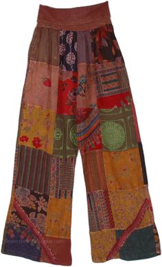 A pair of boho pants with smaller waist, which takes you on a desert safari with their unique re-cycled mixed patchwork patterns.  The cotton pants have an airy and comfortable ruched yoga waist (no waistband or added elastic) that can be folded down to fit the waist. #tlb #SplitSkirtsPants #Patchwork #bohemianfashion #Indian #Handmade #PatchworkBohemianPants #YogaPants #FallPatchworkpants #HippiePants #HippiePartyPants Brown Patchwork Summer Pants, Brown Patchwork Pants For Summer, Summer Brown Patchwork Pants, Bohemian Patchwork Pants For Spring, Hippie Floral Patchwork Bottoms For Festival, Bohemian Floral Patchwork Bottoms For Festival, Bohemian Harem Pants With Patchwork, Fall Patchwork, Brown Clothing