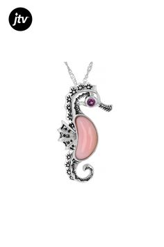 15x7mm fancy shape cabochon Peruvian pink opal and .15ct 3mm round rhodolite garnet rhodium over sterling silver seahorse pendant with singapore chain. Measures approximately 1 1/2"L x 13/16"W. 4mm bail. Lobster Claw Clasp.  Oxidized finish. 2" Extender. Elegant Pink Opal Oval Jewelry, Polished Round Stone Jewelry Gift, Polished Round Stone Jewelry For Gift, Elegant Pink Opal Round Necklace, Elegant Pink Opal Jewelry For Formal Occasions, Elegant Formal Pink Opal Jewelry, Pink Gemstones In Sterling Silver Fine Jewelry, Fine Jewelry Pink Cabochon, Silver Gemstone Cabochons For Gifts