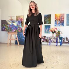 Black Maxi Dress, Formal Pleated Dress, Bridesmaid Dress Maxi dress with pleats. Dress with separated belt, lining in skirt part. Dress with mid sleeves and zipper on side. ➤ Features > Dress length: 34-38 147cm (57,8''), 40-150cm (59''), 42-44 153cm (60,2''), 46-52 154cm (60,6'') > Pleated dress > Fully flared skirts > Maxi length > Skirt has lining ➤ Sizing My Size Guide in FAQ section below will help you define the perfect size match.  ➤ Delivery Your item is made-to-order and will be ready w Black Maxi Dress Formal, Dress With Pleats, Minimalist Dresses, Floor Length Gown, Feminine Design, Plus Size Kleidung, Black Maxi Dress, Flare Skirt, Pleated Dress