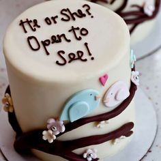 two decorated cakes sitting on top of each other with the words it's or she? open to see