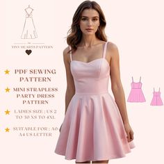 Mini Strapless Party Dress Pattern,Women Dress Sewing Pattern,Prom Dress Pattern,Evening Dress Pattern,Cocktail Dress A0 A4 US Letter-US 2 to 30 | XS-4XL Woven Fabric, Natural Waist Seam, Mini Length, 3/4 Circle, Princess Top With Straps, Scoop Neck, Round Neck Bodice, Sarafan with Straps, Back Straight Seam with No Back Vent and No Zipper, Sleeveless, Straps 7/8"(2cm), Neckline Facing. Seam allowance included (1cm) Mini Strapless Party Dress Sewing Pattern, available as an instant download (pdf Pattern Prom Dress, Party Dress Pattern, Linen Dress Pattern, Diy Clothes Patterns, Prom Dress Pattern, Party Dress Patterns, Cocktail Dress Patterns, Evening Dress Patterns