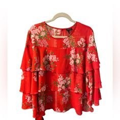 New With Tags (Nwt), Never Worn. Very Pretty Top, Beautiful Fabric. Questions? Leave A Comment Below! Red Ruffle Sleeve Tops For Spring, Red Ruffle Tops For Brunch, Red Ruffled Tops For Brunch, Casual Tiered Tops With Floral Print, Casual Tiered Floral Print Top, Red Floral Print Blouse For Brunch, Wear Red, Pretty Top, Knee High Leather Boots