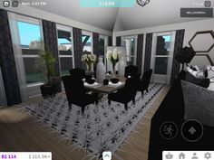 a virtual view of a living room with black and white decor on the walls, windows, and rugs