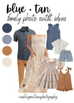 a woman in a dress and shirt with the words blue tan family photo suit ideas