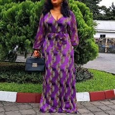 African Lady Long Robe Dress V-Neck A-Line Floor-Length Maxi Dress ... African Dresses Plus Size, Nigerian Dress Styles, Nigerian Dress, Purple Fashion Casual, Floor Length Maxi Dress, Long African Dresses, African Dresses For Kids, African Maxi Dresses, Long Sleeve Dresses