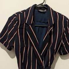 Dress Forum Romper Navy With Red And White Pin Stripes +Belt Shoulder Pads Size S Never Worn Striped Fitted Jumpsuit With Short Sleeves, Striped Fitted Short Sleeve Jumpsuits And Rompers, Navy Romper, White Pin, Shoulder Pads, Pant Jumpsuit, Jumpsuit Romper, Red And White, Women's Dress