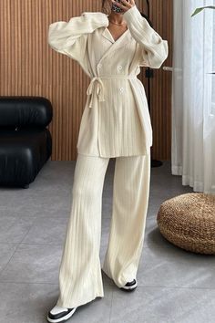 SPU: YSYYJ240905038 Style: Elegant Color: Beige/Grey Season: Fall/Winter Neckline: Lapel Sleeve Length: Long Sleeve Material: Blend Size: S/M/L/XL/2XL/3XL Top Size: Size Chart： Length Bust Sleeve Length CM inch CM inch CM inch S 75 29.5  95 37.4  62 24.4  M 76 29.9  100 39.4  63 24.8  L 77 30.3  105 41.3  64 25.2  XL 78 30.7  110 43.3  65 25.6  2XL 79 31.1  115 45.3  66 26.0  3XL 80 31.5  120 47.2  67 26.4  Pant Size: Size Chart： Length Waist Hip CM inch CM inch CM inch S 101 39.8  70 27.6  95 37.4  M 102 40.2  75 29.5  100 39.4  L 103 40.6  80 31.5  105 41.3  XL 104 40.9  85 33.5  110 43.3  2XL 105 41.3  90 35.4  115 45.3  3XL 106 41.7  95 37.4  120 47.2  This data was obtained from manually measuring the product, it may be off by 1-2 CM. Casual Cream Sets For Spring, Winter Beige Cotton Set, Beige Long Sleeve Trendy Sets, Trendy Beige Long Sleeve Sets, Chic Winter Loungewear Sets, Casual Cream Sets For Fall, Casual Ribbed Sets For Fall, Cream Long Sleeve Sets For Fall, Beige Casual Sets For Fall