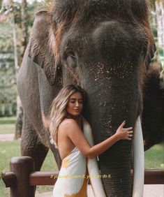 a woman is hugging an elephant's trunk while standing in front of a fence