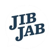 a speech bubble with the word jib jab written in blue and white on it