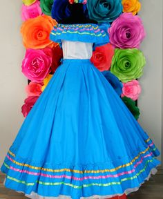 Mexican dress with top Beautiful-Frida Kahlo style- womans  mexican boho coco theme party  day of the dead Blue Jalisco 80cm Mexican Women Dresses, Coco Theme Party, Jalisco Dress, Folklorico Dresses, Mexican Outfits, Traditional Mexican Dress, Mexican Boho, Frida Kahlo Style, Mexican Embroidered Dress