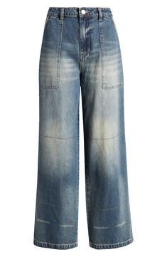 These baggy, high-waist jeans are designed with edgy rips, stitching detail and dramatic wide legs. 31" inseam; 22" leg opening; 13 1/2" front rise; 17" back rise (size 29) Zip fly with button closure 70% cotton, 30% Tencel® lyocell Tencel lyocell is a more-sustainably produced fiber made with closed-loop processing Machine wash, tumble dry Five-pocket style Imported Edgy Straight Leg Cargo Jeans For Spring, Spring Edgy Straight Leg Cargo Jeans, Relaxed Fit Distressed Flare Jeans In Denim Blue, Distressed Utility Cargo Jeans For Spring, Edgy Straight Leg Spring Cargo Jeans, Fall Denim Wide Leg Pants With Five Pockets, Edgy Wide Leg Flare Jeans For Spring, Edgy Wide Leg Jeans For Spring, Edgy Spring Wide Leg Flare Jeans