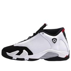 The Air Jordan 14 Retro 'Black Toe' 2014 is a stylish sneaker designed by Tinker Hatfield, inspired by Michael Jordan's beloved Ferrari 550M. Its sleek silhouette and full-grain leather upper provide a snug and supportive fit, while the signature Ferrari vents provide breathability. The logo features a shield design similar to the Ferrari, and the tire-inspired herringbone pattern enhances traction. This sneaker is perfect for any activity, from running to basketball, and is sure to make a statement with its white and black-versty red-metallic silver colorway. (SNKR/Panda) Black Jordan Shoes For Light Sports With Rubber Sole, Jordan Sports Shoes With Rubber Sole, Black Dynamic Jordan Shoes For Light Sports, Black Dynamic Jordan Shoes For Sports, Dynamic Black Jordan Shoes For Light Sports, Black Rubber Sole Sneakers For Light Sports, Black Jordan Shoes For Light Sports, Black Jordan Shoes For Light Sports With Cushioned Footbed, Sporty Black Jordan Training Shoes