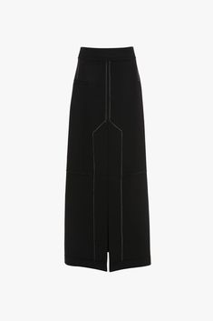 This floor-grazing skirt in classic Black exudes laid-back elegance. With an extra-long split at the front of the skirt and box pleat detail at the back, it offers an elongating and fluid silhouette. Elevated design details include a wide waistband with overlocking detail, exposed seams and contrasting black topstitching. Styled with the Cropped V-Neck Cardigan & Victoria Cross Body Victoria Beckham Deconstructed Floor-Length Skirt In Black  - Size 14 UK Modern Black Pencil Skirt For Evening, Elegant Workwear Skirt With Concealed Front Fastening, Black Full Length Elegant Pencil Skirt, Formal Long Skirt With Box Pleat, Formal Long Skirt With Side Slits, Chic Formal Skirt With Concealed Fastening, Classic Maxi Skirt For Evening, Classic Black Maxi Skirt For Formal Occasions, Evening Midi Skirt With Box Pleat