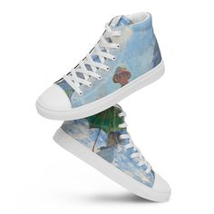 "Wander through a breezy summer's day with our \"Monet: Woman with a Parasol - Evergreen Art Shoes.\" These Women's High Top Canvas Shoes are a mismatched pair, each telling a part of the story captured in Monet's vibrant portrayal of a woman caught in a fleeting, tender moment under the open sky. One shoe features the delicate grace of the woman, her parasol a bloom of color against the canvas, while the other immerses you in the lush, dynamic backdrop of the countryside, alive with the movemen Evergreen Art, Woman With A Parasol, Art Shoes, Open Sky, Shoe Art, Summer Breeze, Shoes Womens, Canvas Shoes, Womens Shoes Sneakers