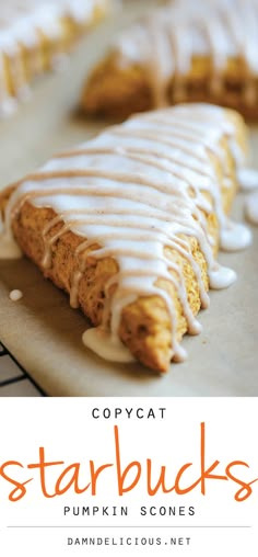 the cover of starbuck's pumpkin scones, with icing on it