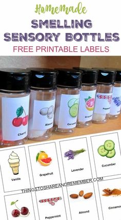 the printable bottle labels are labeled with different types of food and drink items in them