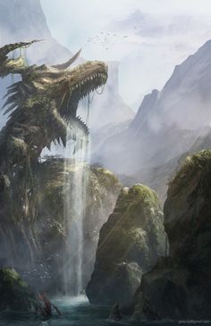 a giant dragon is in the middle of a river with waterfalls and birds flying over it